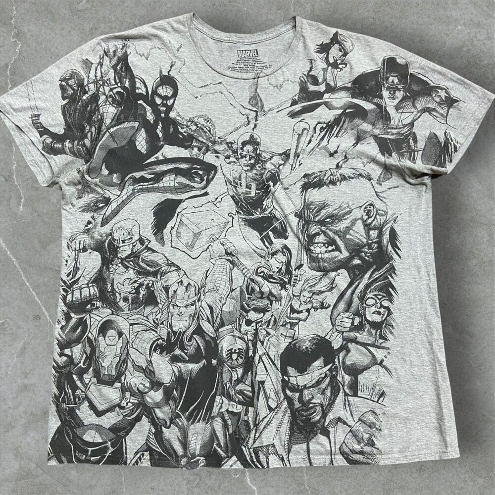 Marvel Team Ups Avengers Gray Black Big & Tall AOP Cotton T-Shirt Men's Size XXL